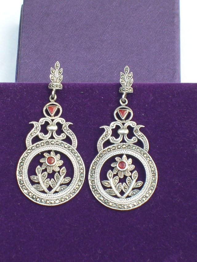 Preview of the first image of 925 Sterling Silver Marcasite Drop Earrings.