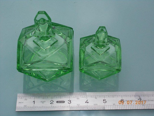 Preview of the first image of Vintage Green Glass Art Decco Dressing Table Dishes.