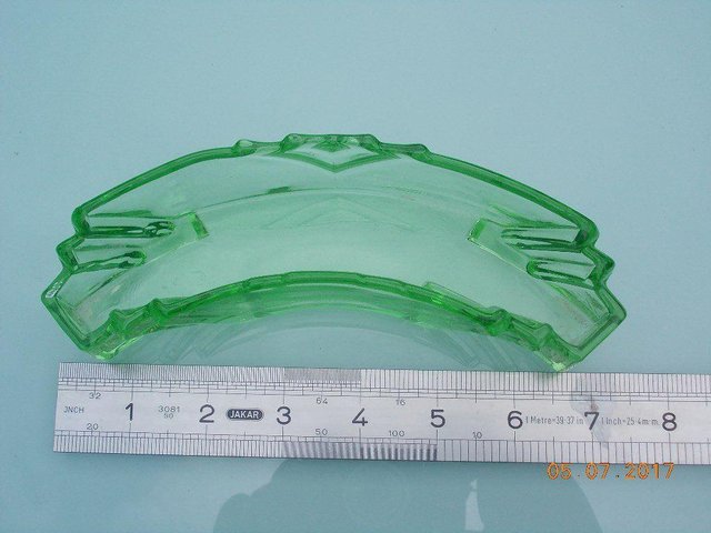 Preview of the first image of Vintage Green Glass Deco Style Curved Pin Tray.