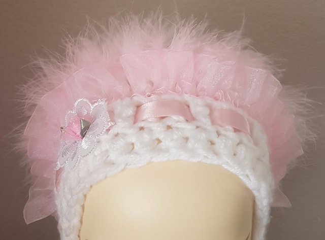 Image 2 of Beautiful Babies Crocheted Feather Bonnet.    BX1