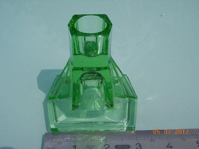 Preview of the first image of Vintage Green Glass Deco Candlestick.