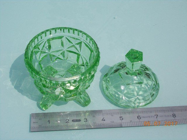 Preview of the first image of Vintage Green Glass Art Deco Lidded Container.