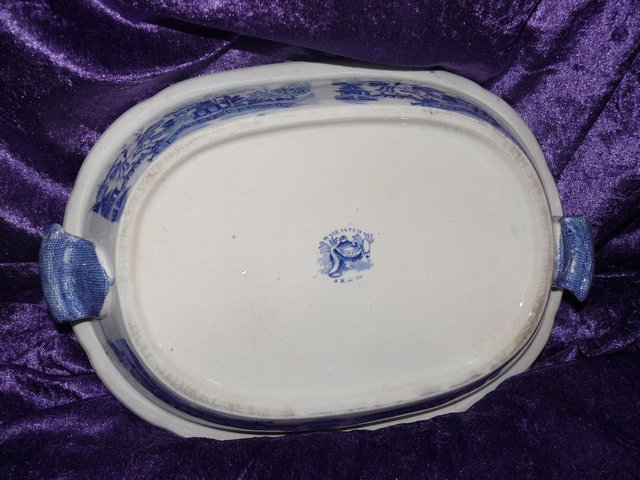 Image 3 of Blue & White oval dish with handles