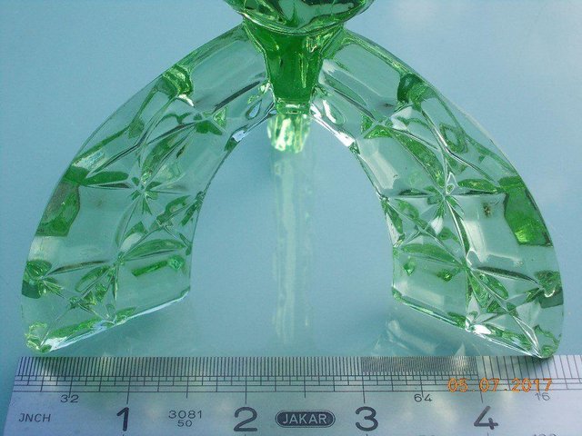 Preview of the first image of Vintage Green Glass Art Deco Three Legged Candlestick.
