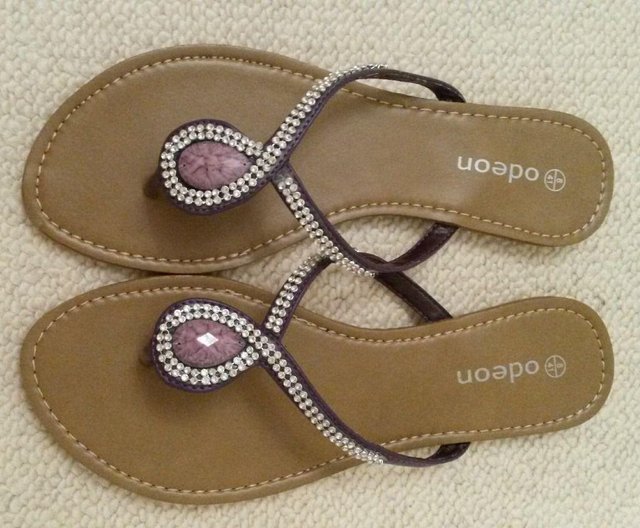 Preview of the first image of NEW ODEON Flip Flops Purple Diamante Bead Size: 8.