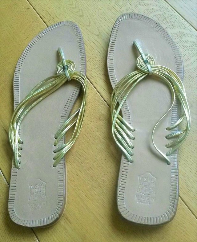 Preview of the first image of NEW GOLD LEATHER BRAIDED BOHO Flip Flops Handmade Strappy 8.