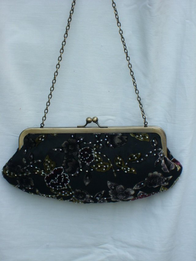 Preview of the first image of Vintage Look Black Velvet & Beaded Shoulder Handbag.