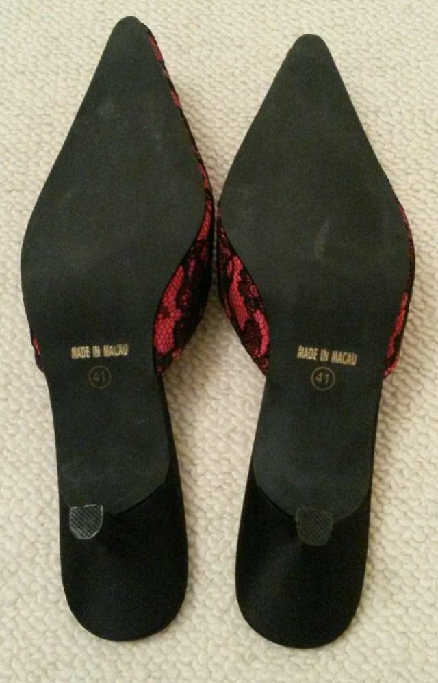 Image 2 of NEW LACEYS SHOES Mules Red Black Lace Kitten Heel Mat Satin