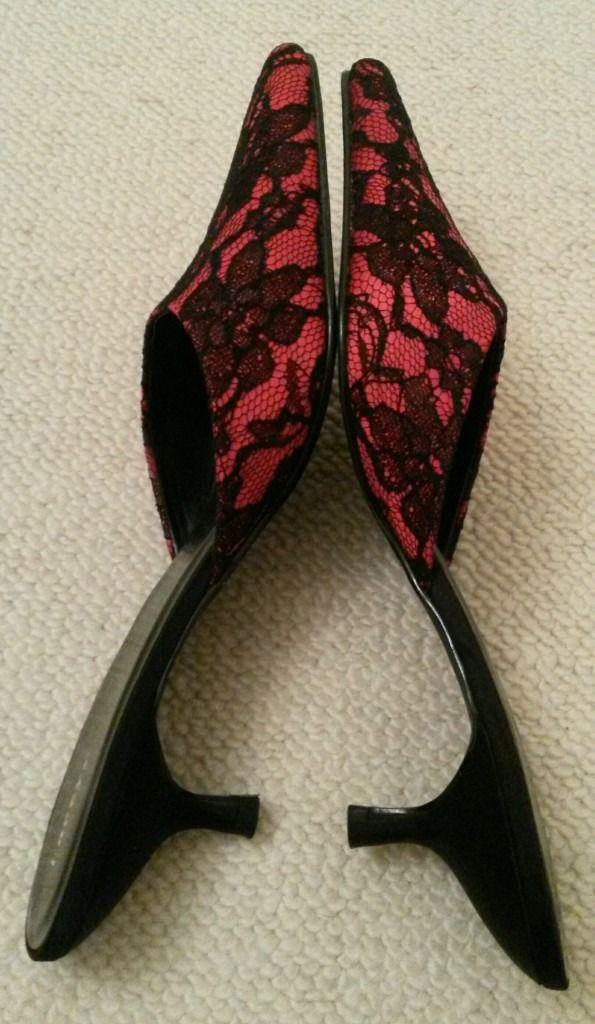Image 3 of NEW LACEYS SHOES Mules Red Black Lace Kitten Heel Mat Satin