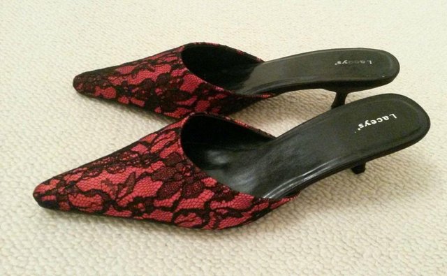 Preview of the first image of NEW LACEYS SHOES Mules Red Black Lace Kitten Heel Mat Satin.