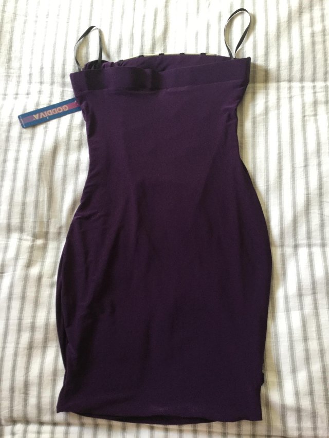 Preview of the first image of BNWT Striking Glossy Purple Stretch GODIVA Strapless Dress S.