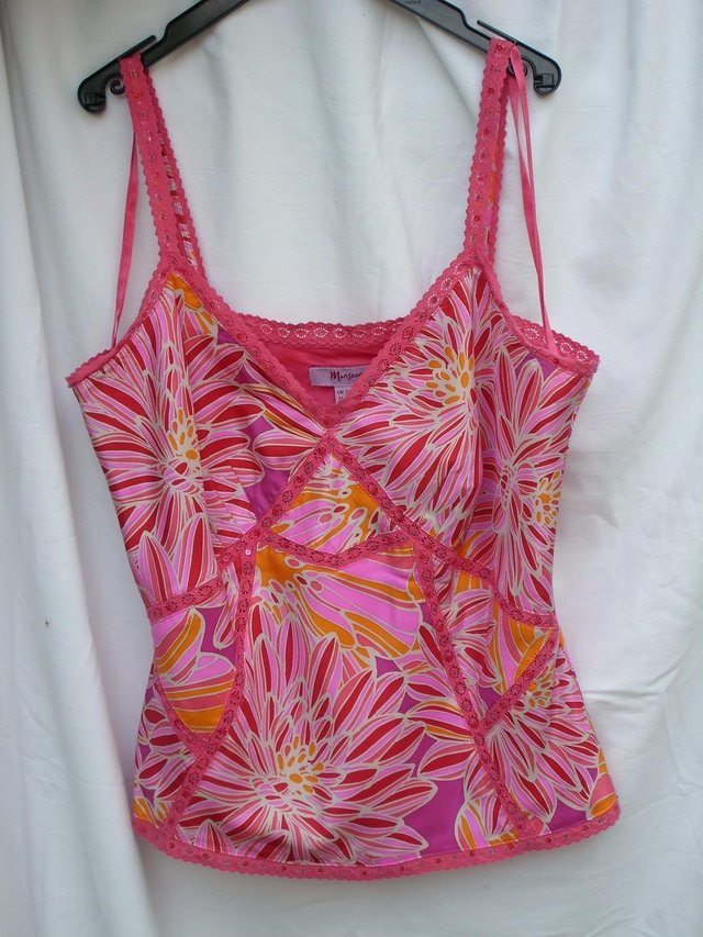 Preview of the first image of MONSOON Pink & Orange Print Silk Top – Size 12.