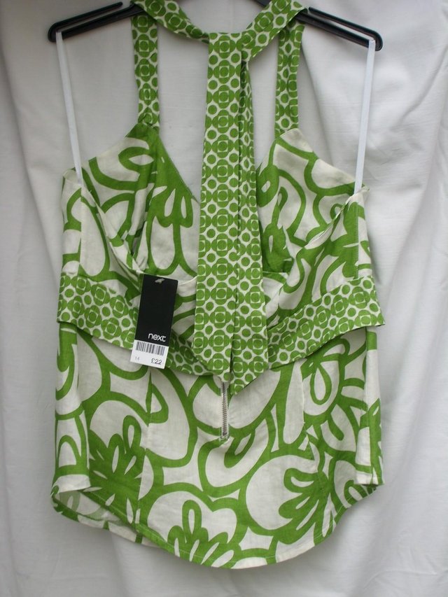 Image 3 of NEXT Green & White Linen Halter Top – Size 14 - NEW