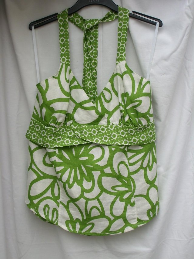 Preview of the first image of NEXT Green & White Linen Halter Top – Size 14 - NEW.