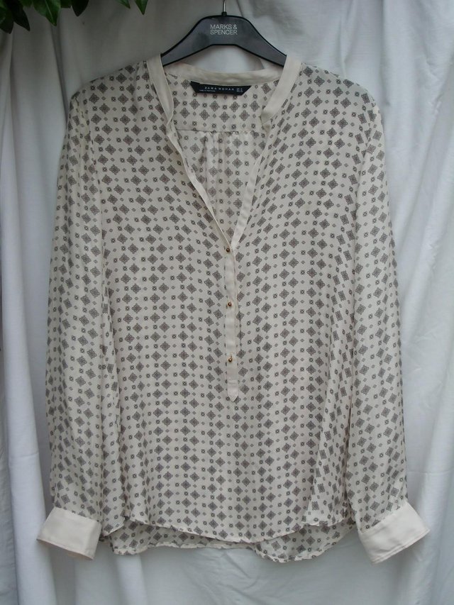 Preview of the first image of ZARA Brown On Cream Print Silk Blouse Top – Size 10 (M).