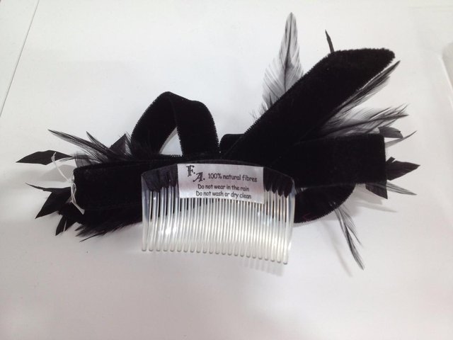 Image 2 of Velvet & feathered hair band in black with comb insert
