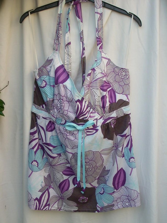 Preview of the first image of ESPRIT Turquoise & Purple Halter Top –Size 14.