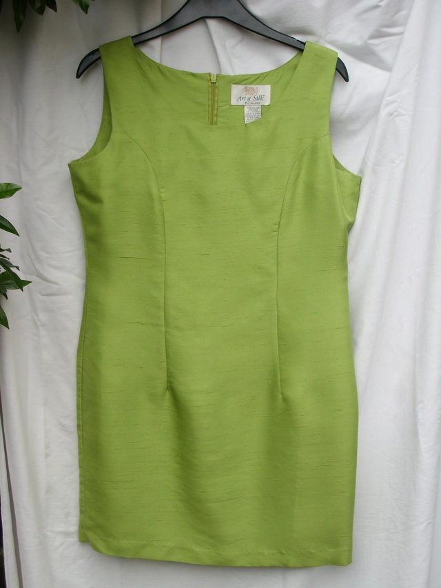 Preview of the first image of ART OF SILK Lime Green Silk Mini Dress – Size 8.