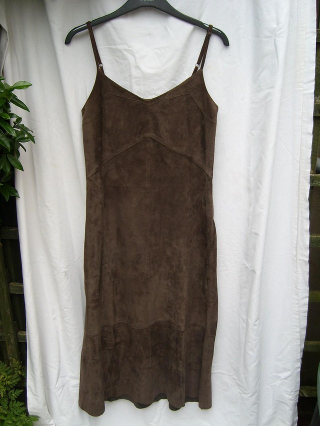 Preview of the first image of JIGSAW Mid Calf Brown Suede Dress – Size 10.