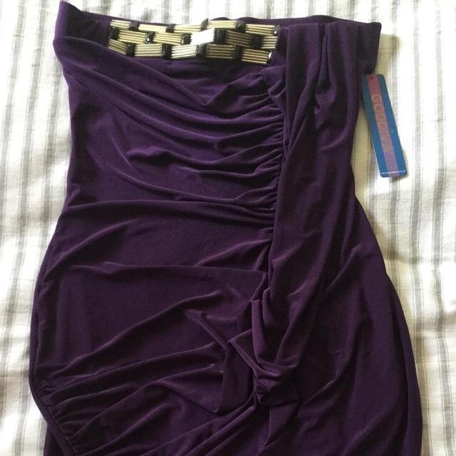 Image 9 of BNWT Striking Glossy Purple Stretch GODIVA Strapless Dress S