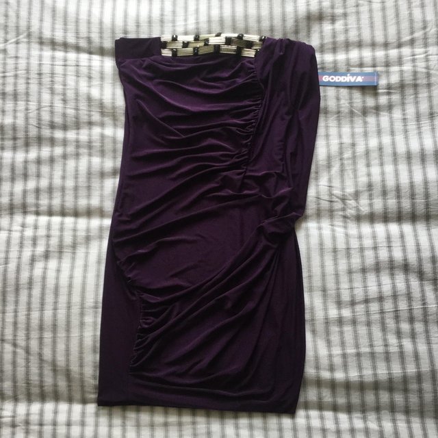 Image 10 of BNWT Striking Glossy Purple Stretch GODIVA Strapless Dress S