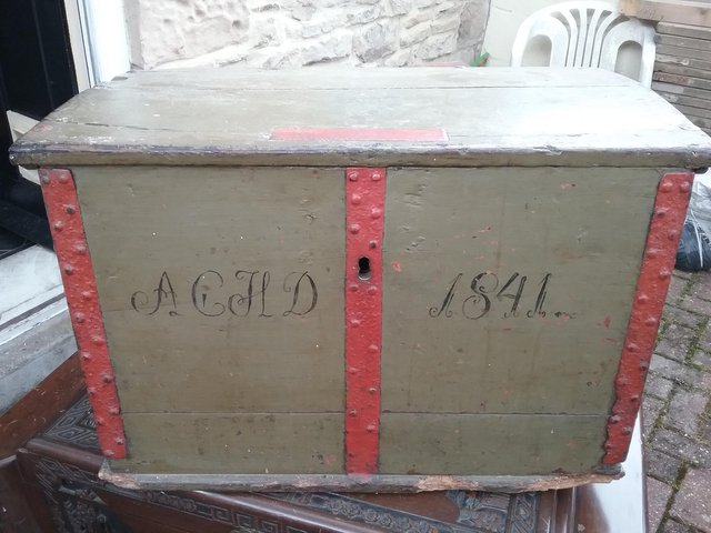 Preview of the first image of Old 19th century strong box/trunk with metal strap work.