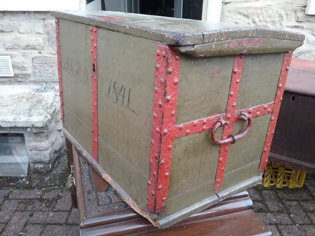Image 3 of Old 19th century strong box/trunk with metal strap work