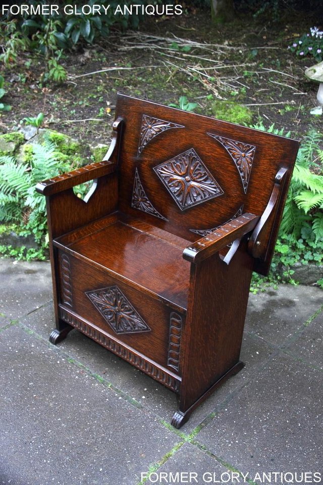 Image 2 of CARVED OAK MONKS BENCH BOX SETTLE ARMCHAIR STAND PEW CHEST