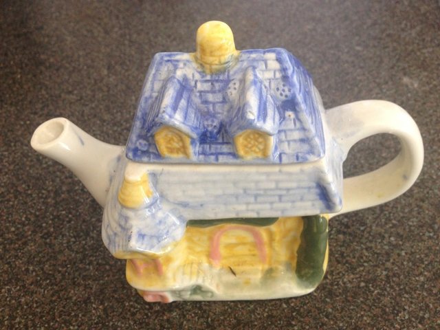Image 2 of Miniature cottage teapot; strainer; 6 spoons; colletor; gift