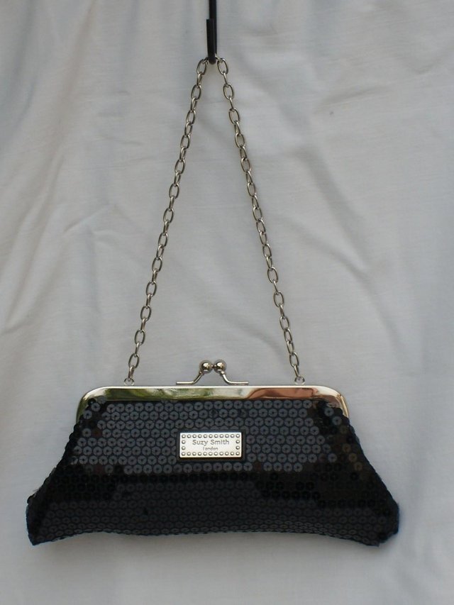 Preview of the first image of SUZY SMITH Black Sequin Snap Top Handbag/Clutch NEW!.