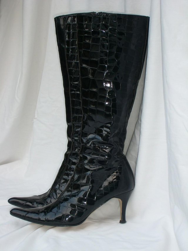 Preview of the first image of KATE COOPER Black Patent Leather Boots – Size 5/38.