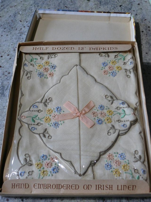 Preview of the first image of Irish Linen, Half Dozen 12" Napkins in original box unused.