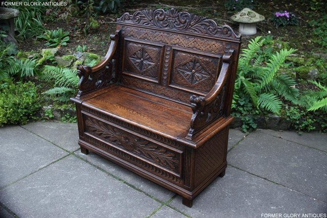 Preview of the first image of VICTORIAN CARVED OAK MONKS BENCH BOX SETTLE PEW CHEST.
