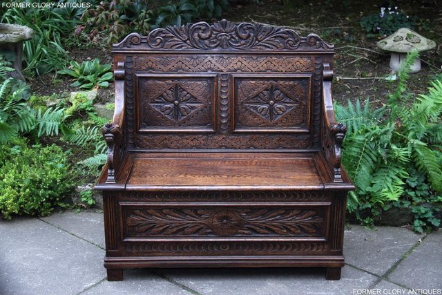 Image 3 of VICTORIAN CARVED OAK MONKS BENCH BOX SETTLE PEW CHEST
