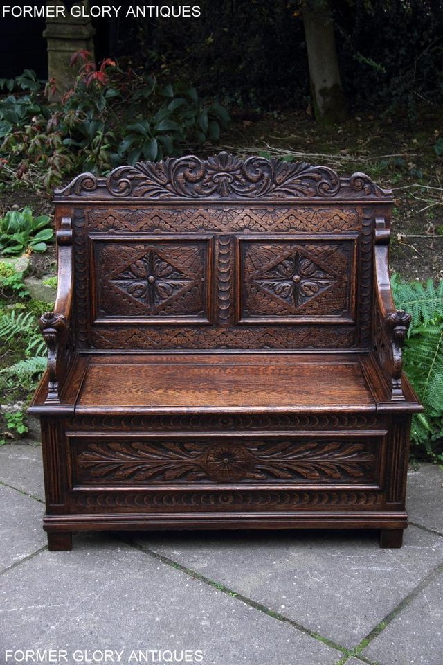 Image 7 of VICTORIAN CARVED OAK MONKS BENCH BOX SETTLE PEW CHEST