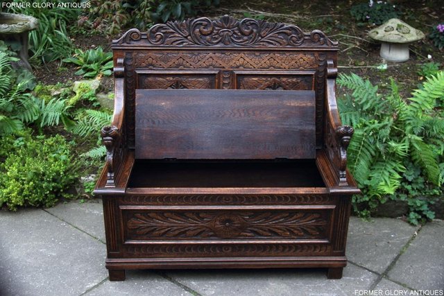 Image 8 of VICTORIAN CARVED OAK MONKS BENCH BOX SETTLE PEW CHEST