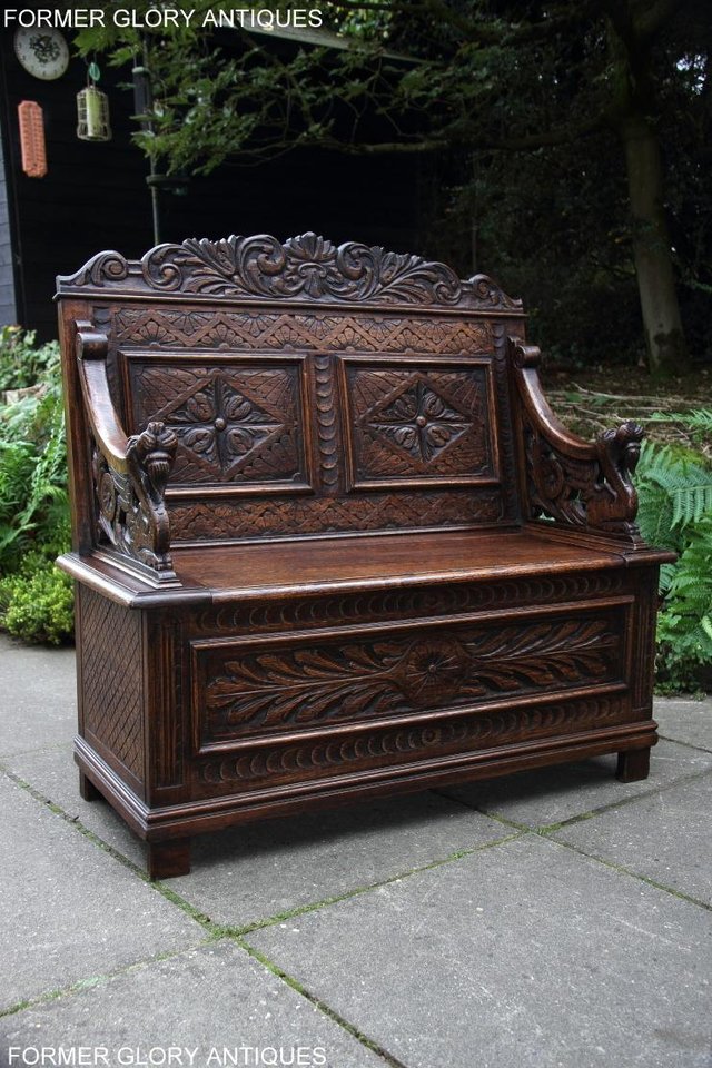 Image 9 of VICTORIAN CARVED OAK MONKS BENCH BOX SETTLE PEW CHEST