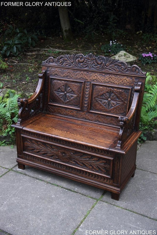Image 14 of VICTORIAN CARVED OAK MONKS BENCH BOX SETTLE PEW CHEST
