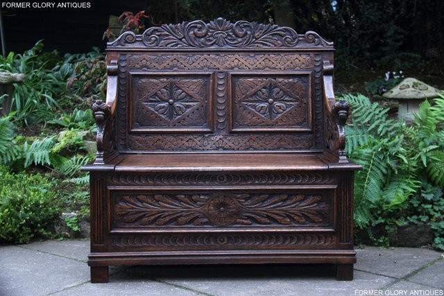 Image 24 of VICTORIAN CARVED OAK MONKS BENCH BOX SETTLE PEW CHEST
