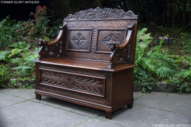 Image 28 of VICTORIAN CARVED OAK MONKS BENCH BOX SETTLE PEW CHEST