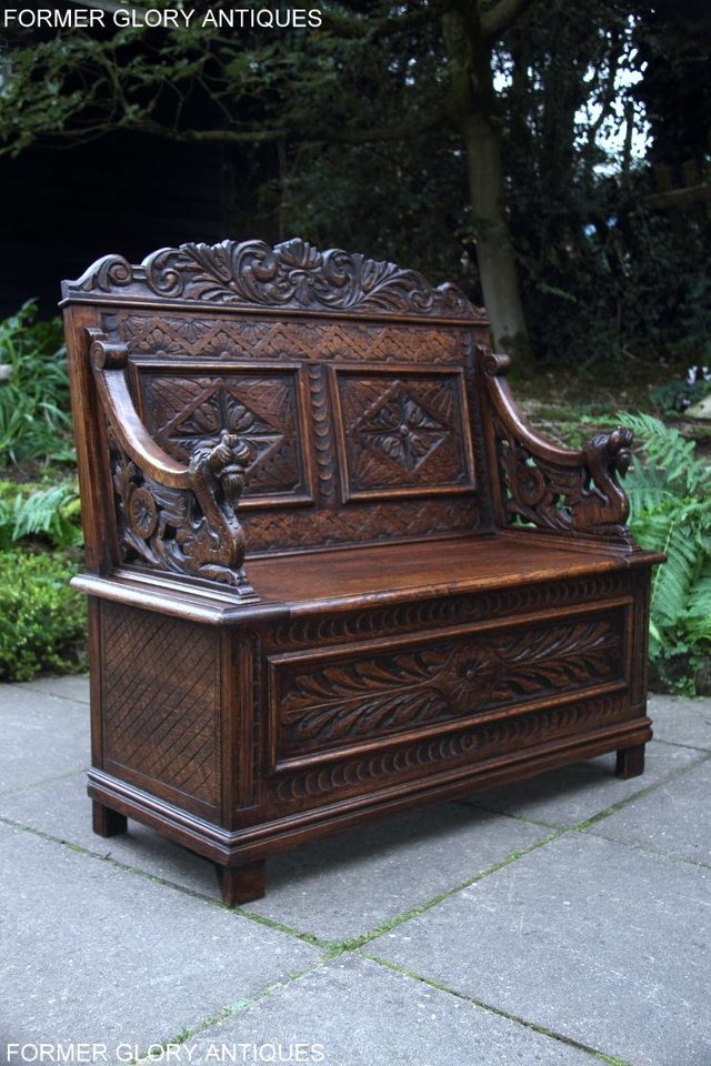 Image 43 of VICTORIAN CARVED OAK MONKS BENCH BOX SETTLE PEW CHEST