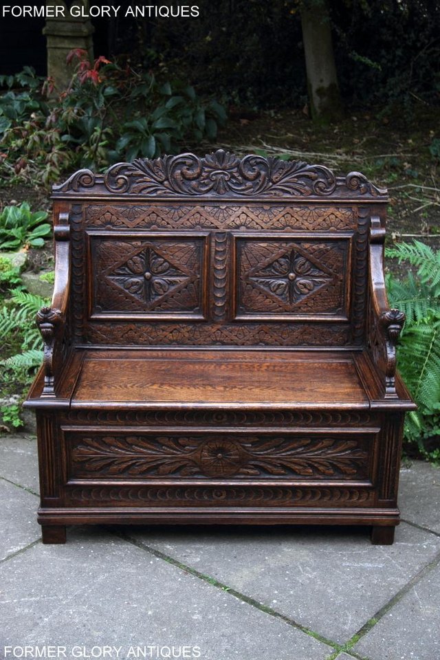Image 49 of VICTORIAN CARVED OAK MONKS BENCH BOX SETTLE PEW CHEST