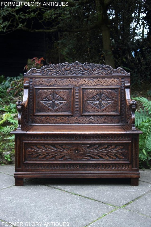 Image 54 of VICTORIAN CARVED OAK MONKS BENCH BOX SETTLE PEW CHEST