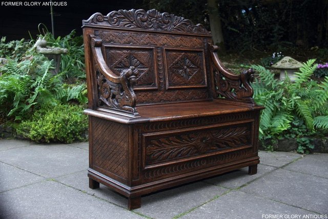 Image 58 of VICTORIAN CARVED OAK MONKS BENCH BOX SETTLE PEW CHEST
