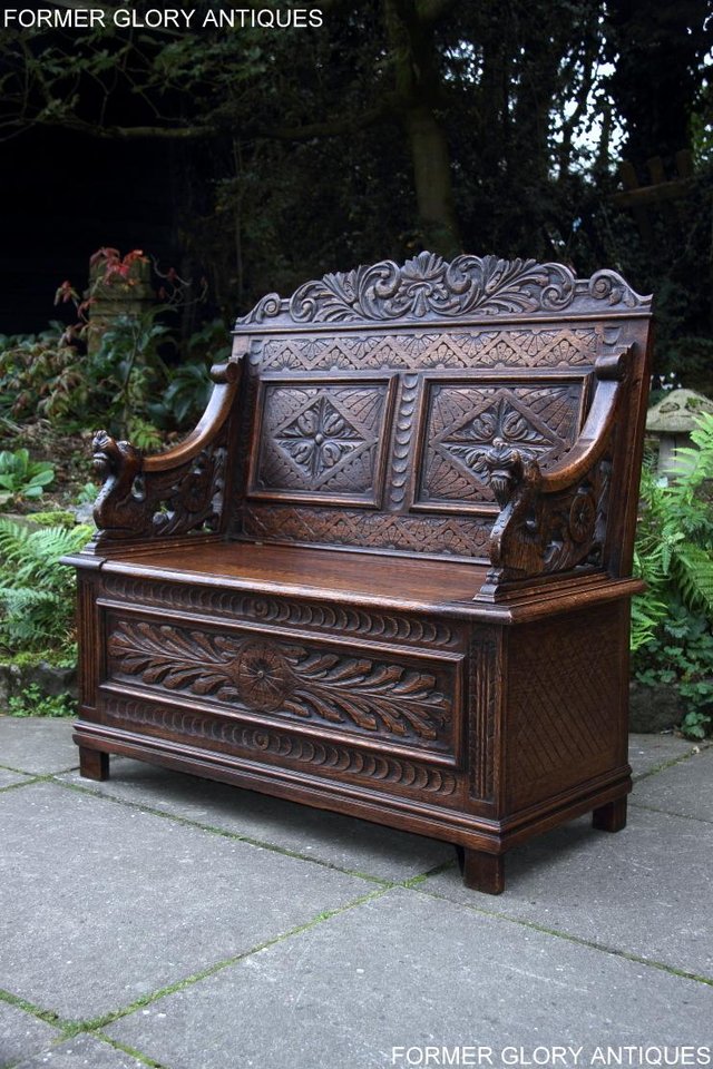 Image 60 of VICTORIAN CARVED OAK MONKS BENCH BOX SETTLE PEW CHEST