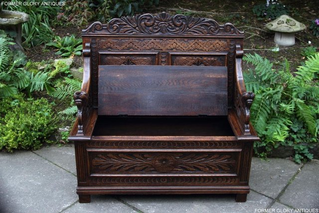 Image 63 of VICTORIAN CARVED OAK MONKS BENCH BOX SETTLE PEW CHEST