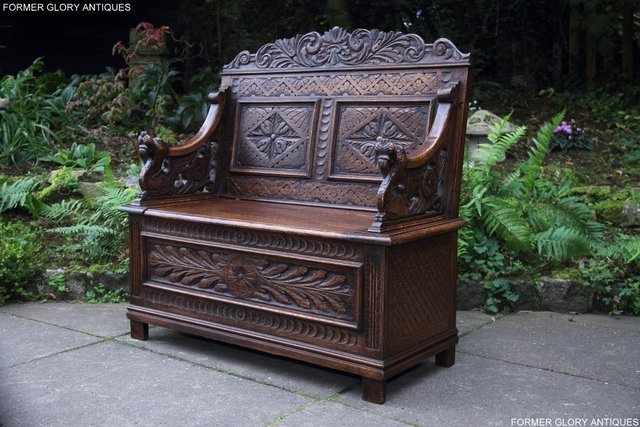 Image 79 of VICTORIAN CARVED OAK MONKS BENCH BOX SETTLE PEW CHEST