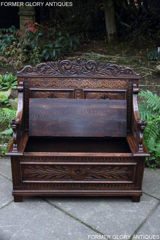 Image 84 of VICTORIAN CARVED OAK MONKS BENCH BOX SETTLE PEW CHEST