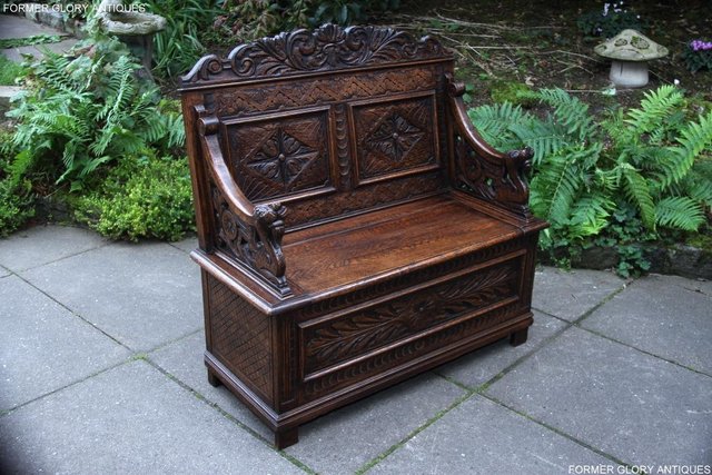 Image 86 of VICTORIAN CARVED OAK MONKS BENCH BOX SETTLE PEW CHEST