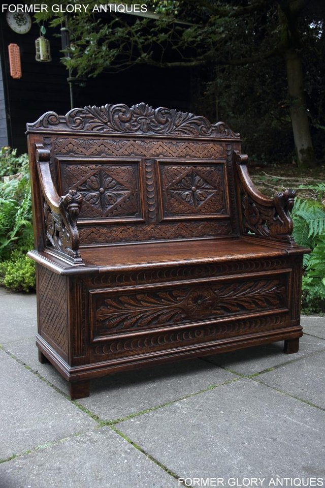 Image 105 of VICTORIAN CARVED OAK MONKS BENCH BOX SETTLE PEW CHEST